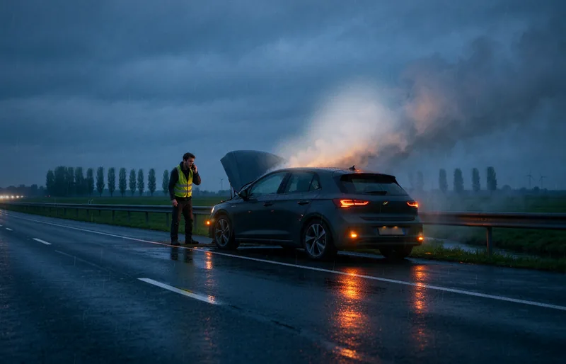 Sleepwagen van Spoed Sleepdienst bij een auto met pech op de vluchtstrook